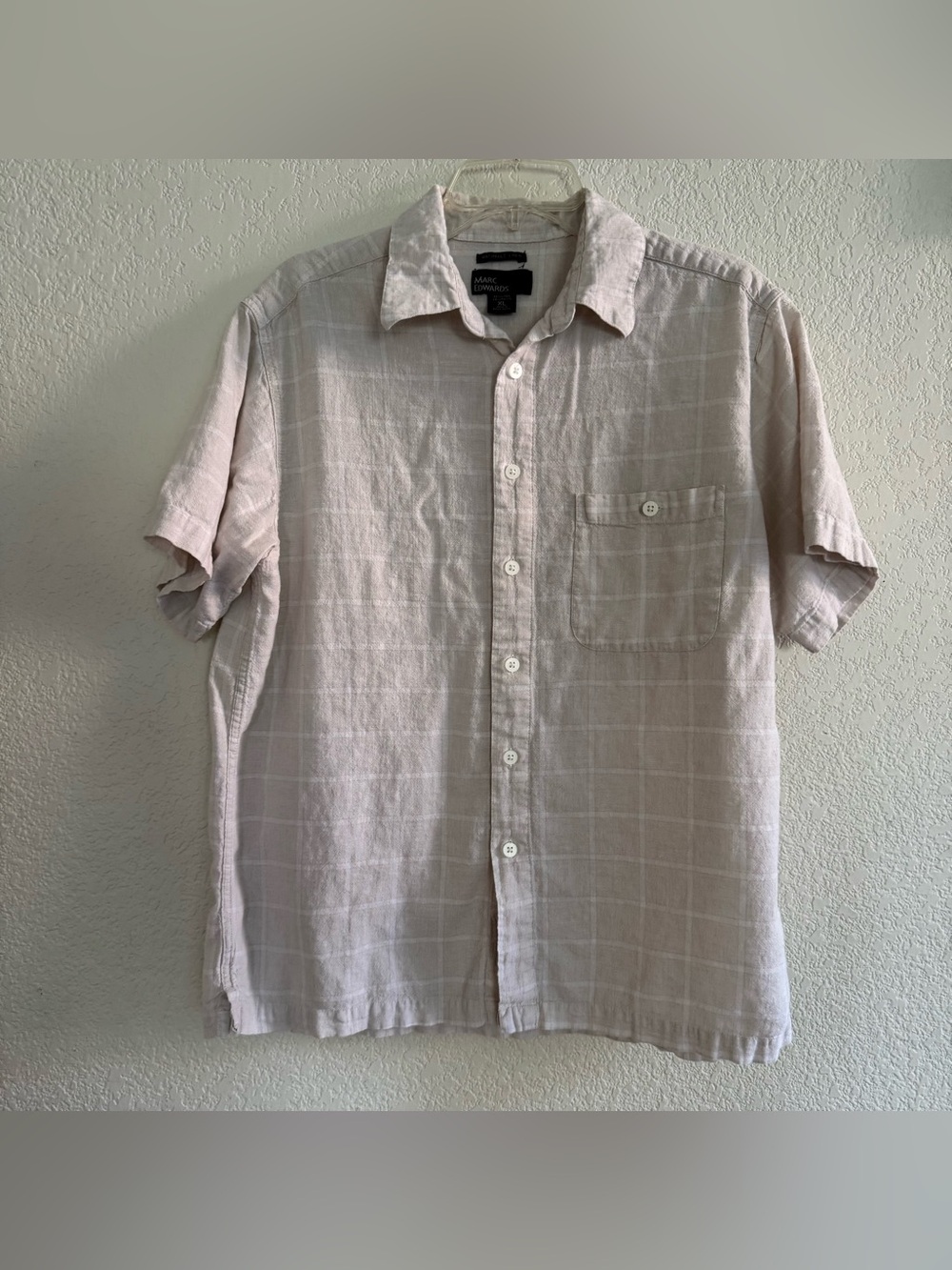 Marc Edwards Beige Plaid Washable Linen Blend Shirt Button Up Top Coastal L
